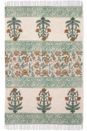 Elegant Green Floral Hand Block Print Dhurrie Living Room Floor Rug