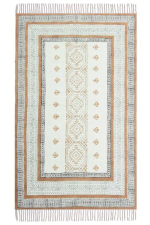 Hand Block Print Orange Cotton Dhurrie Rug Living Room Carpet