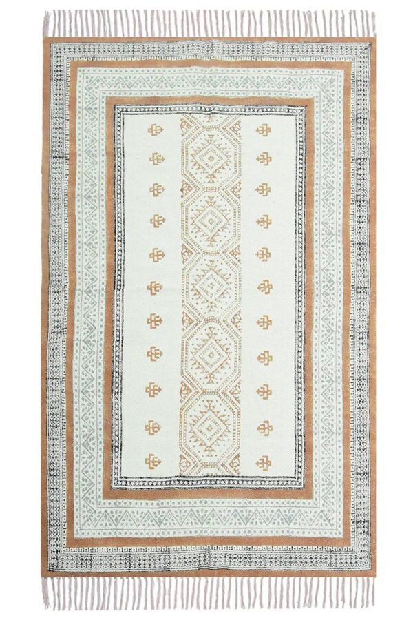 Overhead view of a premium geometric cotton rug featuring terracotta and cream tribal patterns.