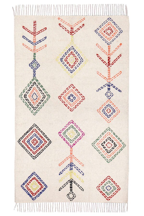 Handmade Kantha cotton area rug with colorful geometric embroidery Luxury boho Kantha rug with diamond stitched pattern design Flatweave handmade Kantha area rug for modern boho interiors