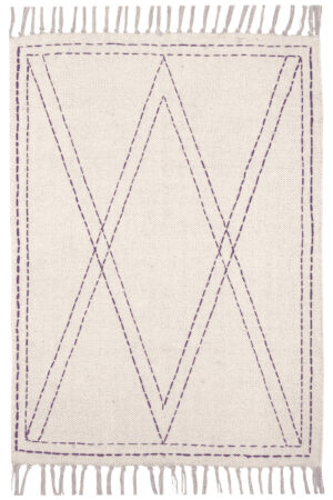 Handmade Off-White Kantha Rug with Purple Embroidery Jaipur Artisan Cotton