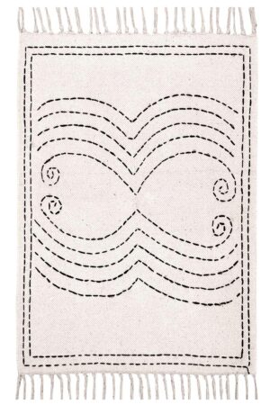Indian Artisan Kantha Rug Off-White with Black Geometric Embroidery Cotton Dhurrie
