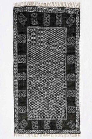 Hand Block Printed Geometric Black Rug