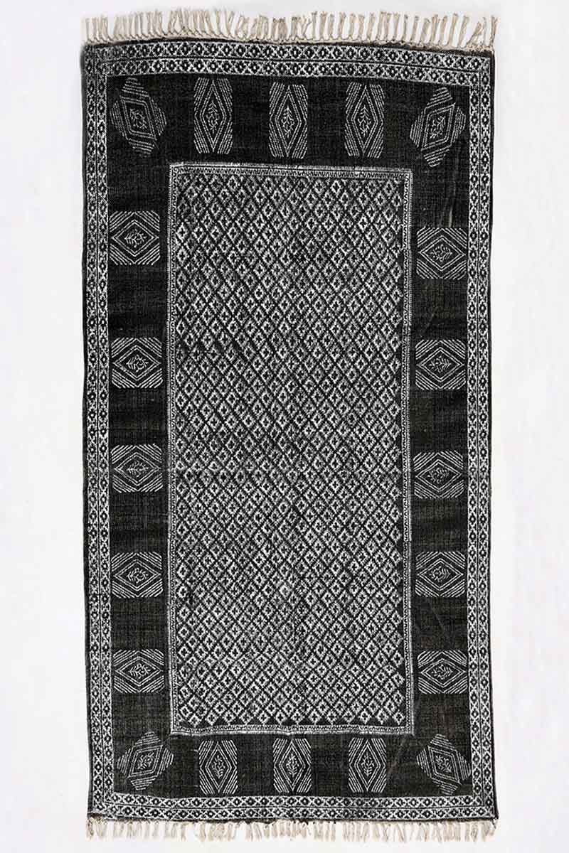 Hand Block Printed Geometric Black Rug