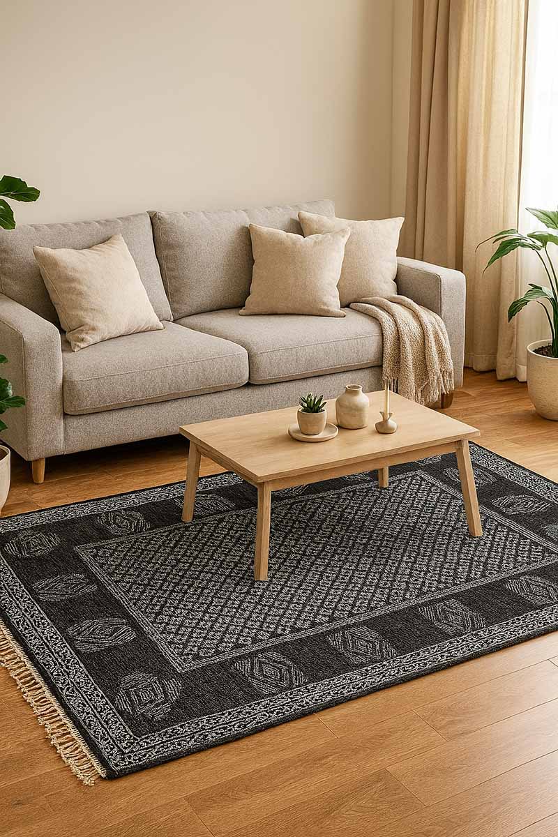 Hand Block Printed Geometric Black Rug - Image 2
