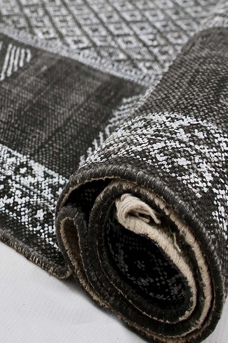 Hand Block Printed Geometric Black Rug - Image 5