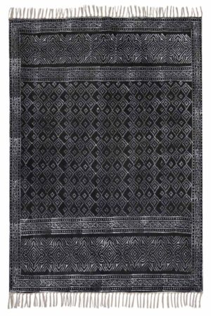 Black Hand Block Printed Geometric Area Rug