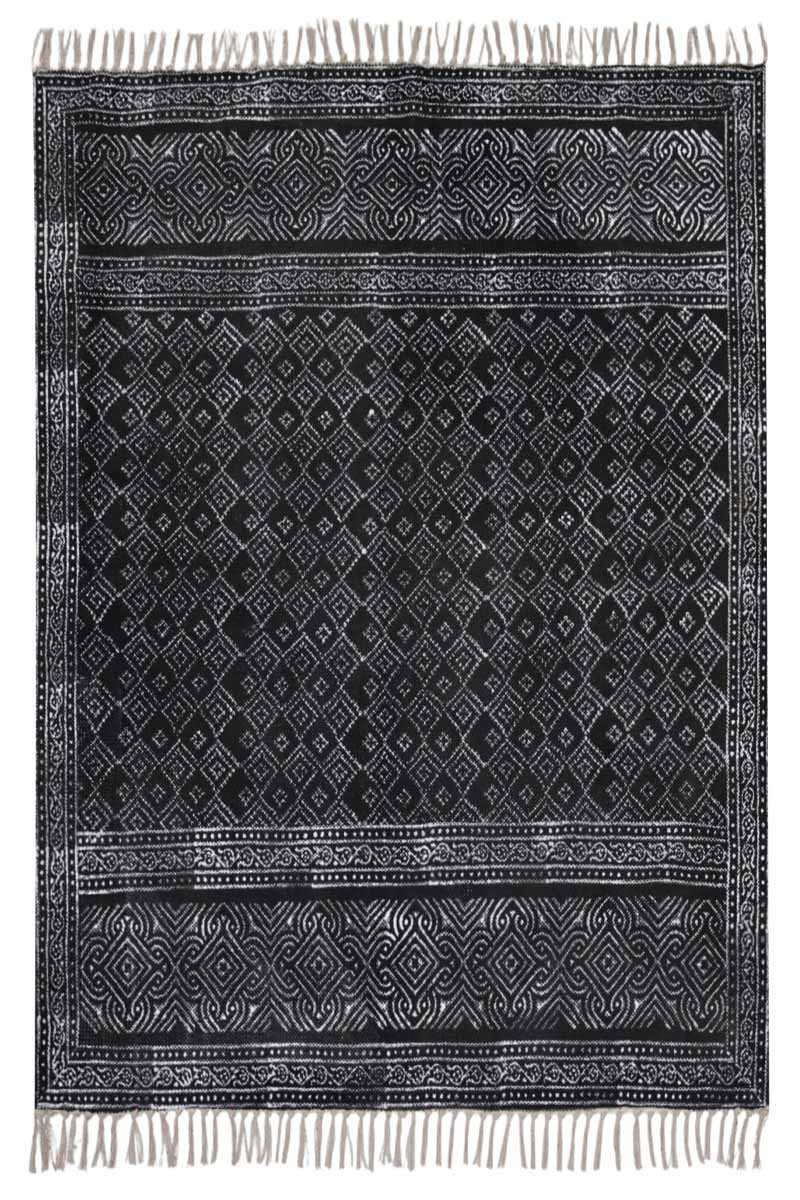 Black Hand Block Printed Geometric Area Rug