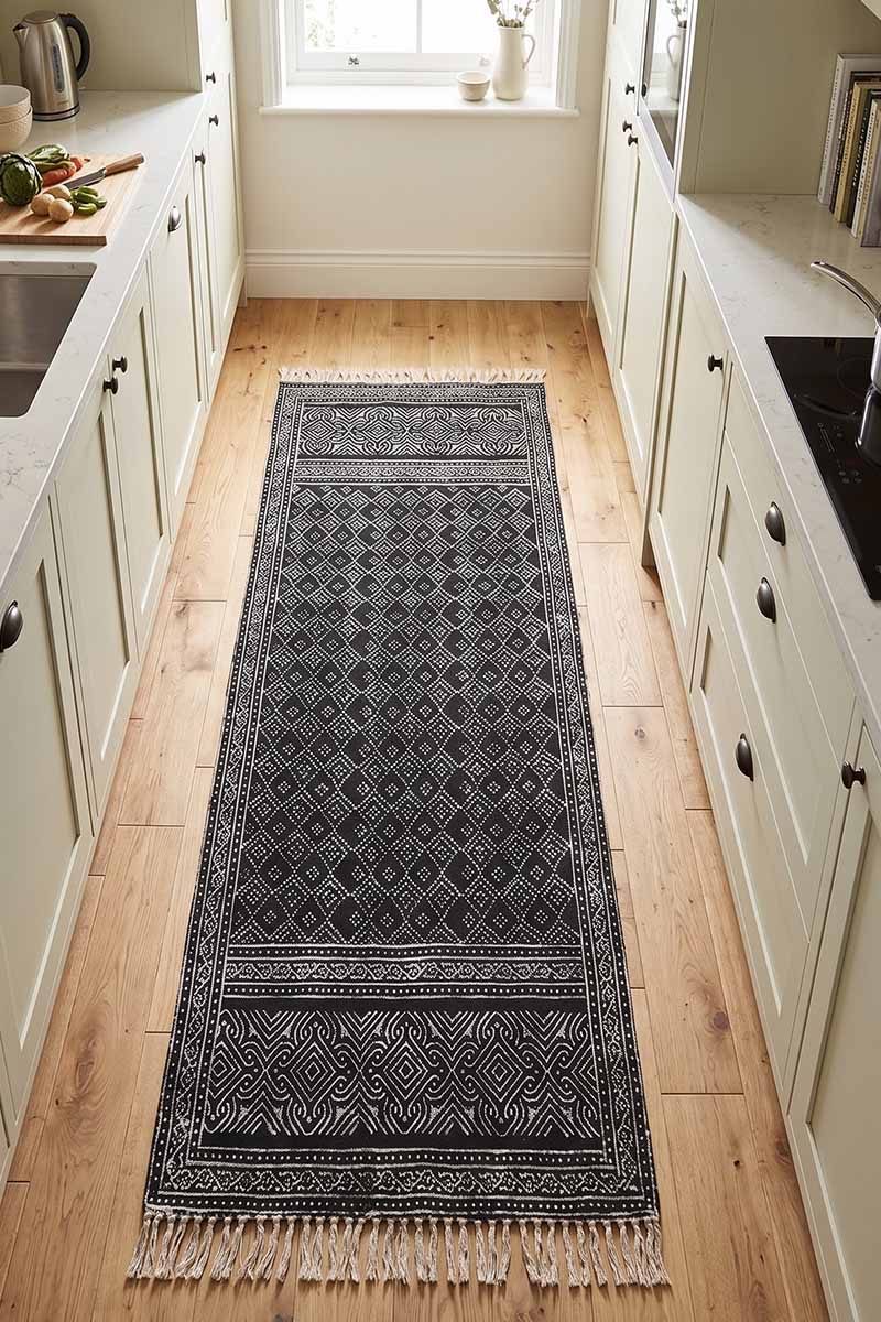 Black Hand Block Printed Geometric Area Rug - Image 2