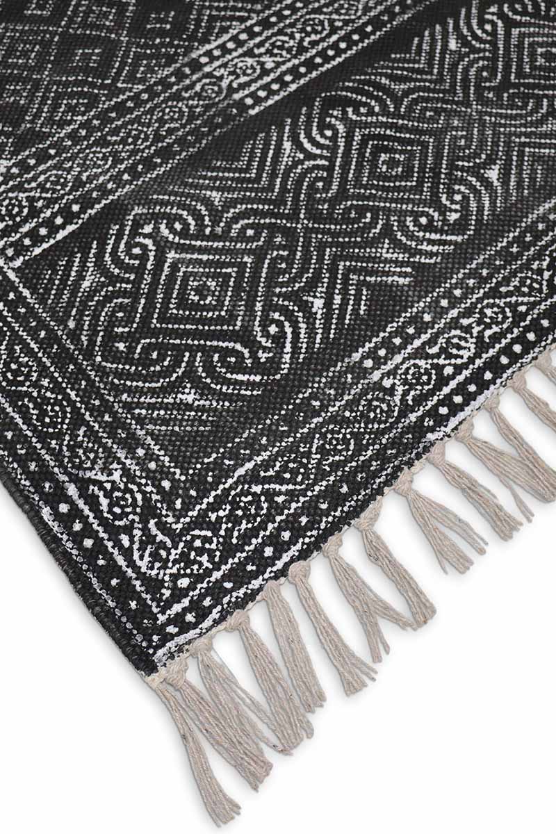 Black Hand Block Printed Geometric Area Rug - Image 4