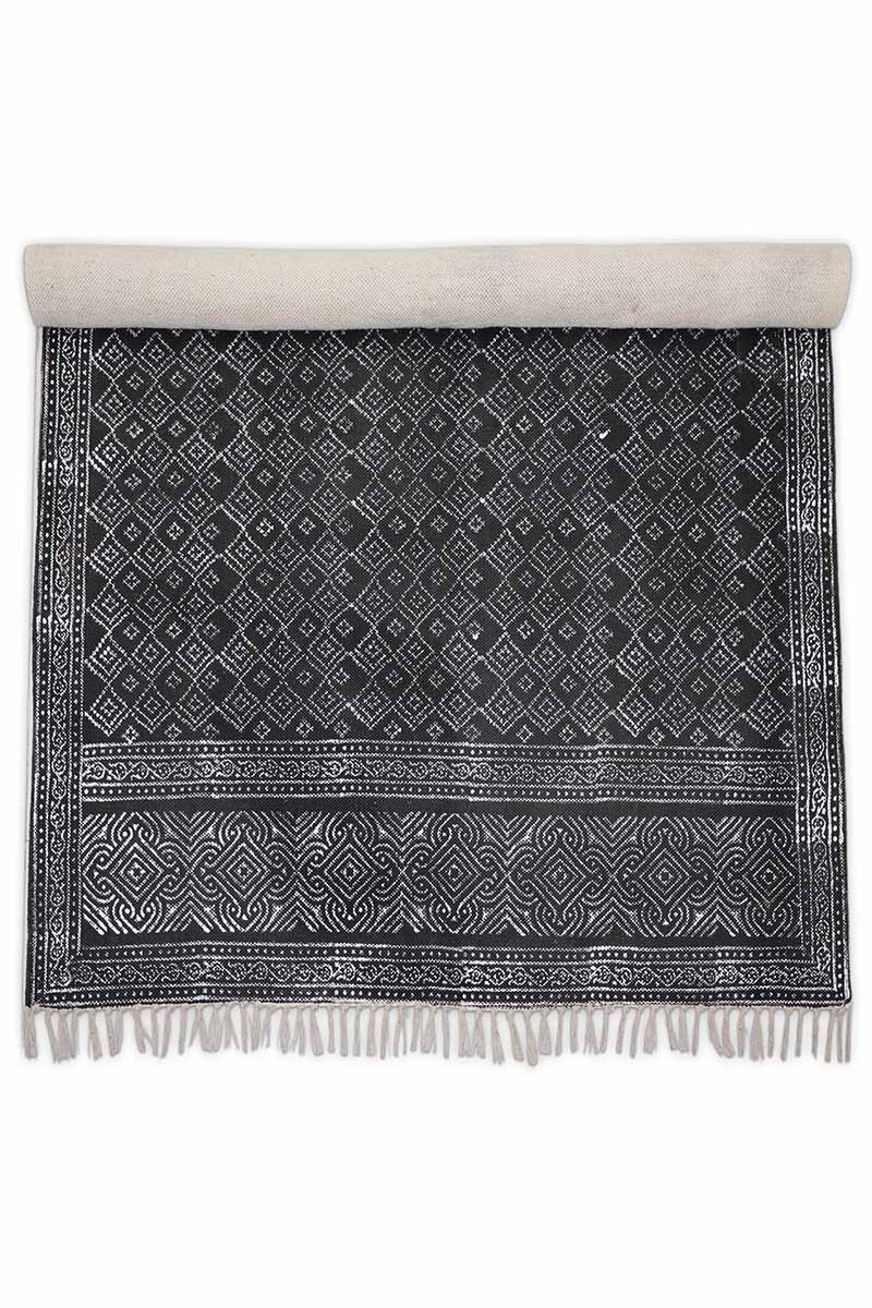 Black Hand Block Printed Geometric Area Rug - Image 5