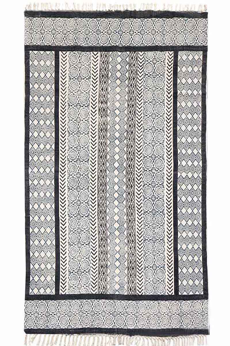 Geometric Hand Block Printed Black Area Rug