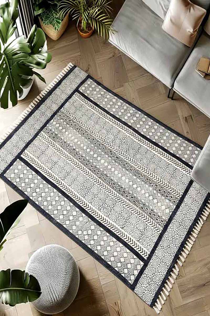 Geometric Hand Block Printed Black Area Rug - Image 2