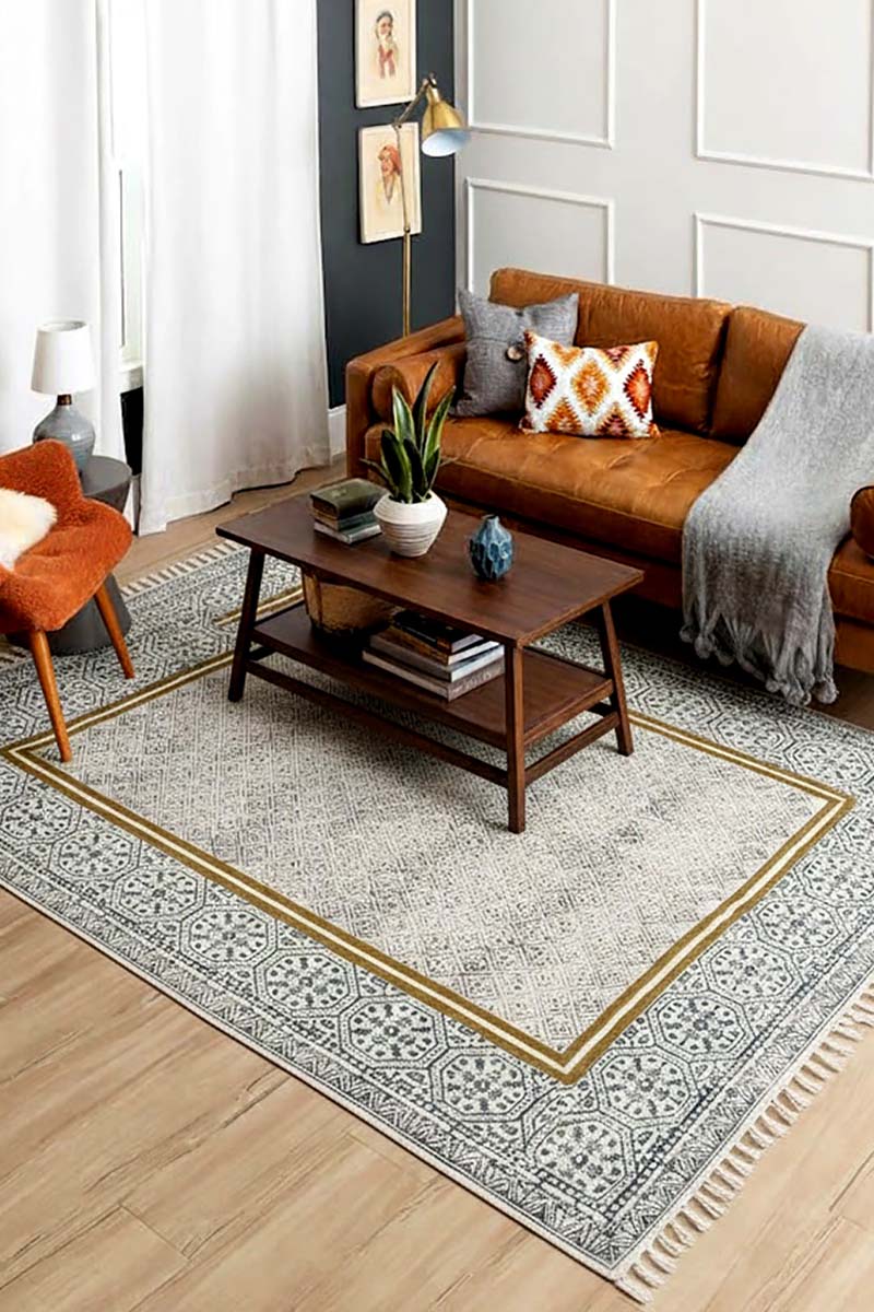 Blue & Yellow Printed Geometric Rug - Image 2