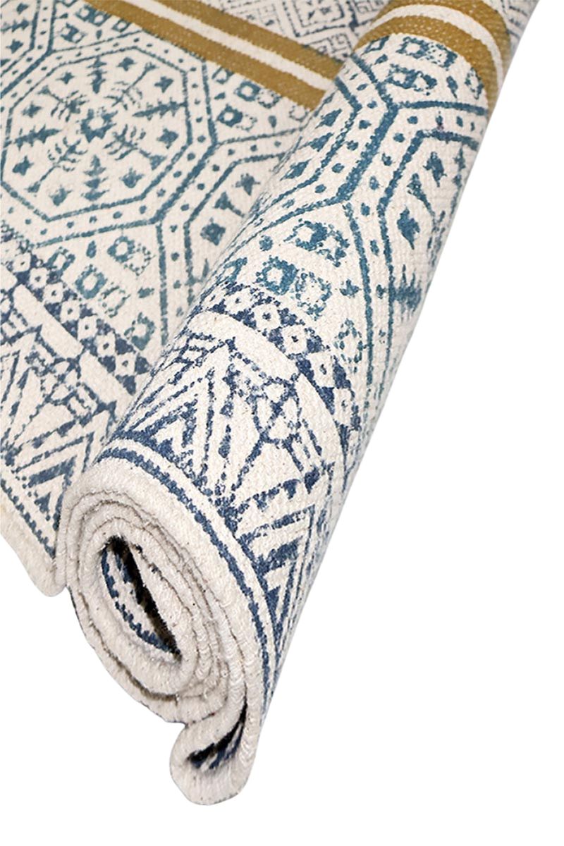Blue & Yellow Printed Geometric Rug - Image 4