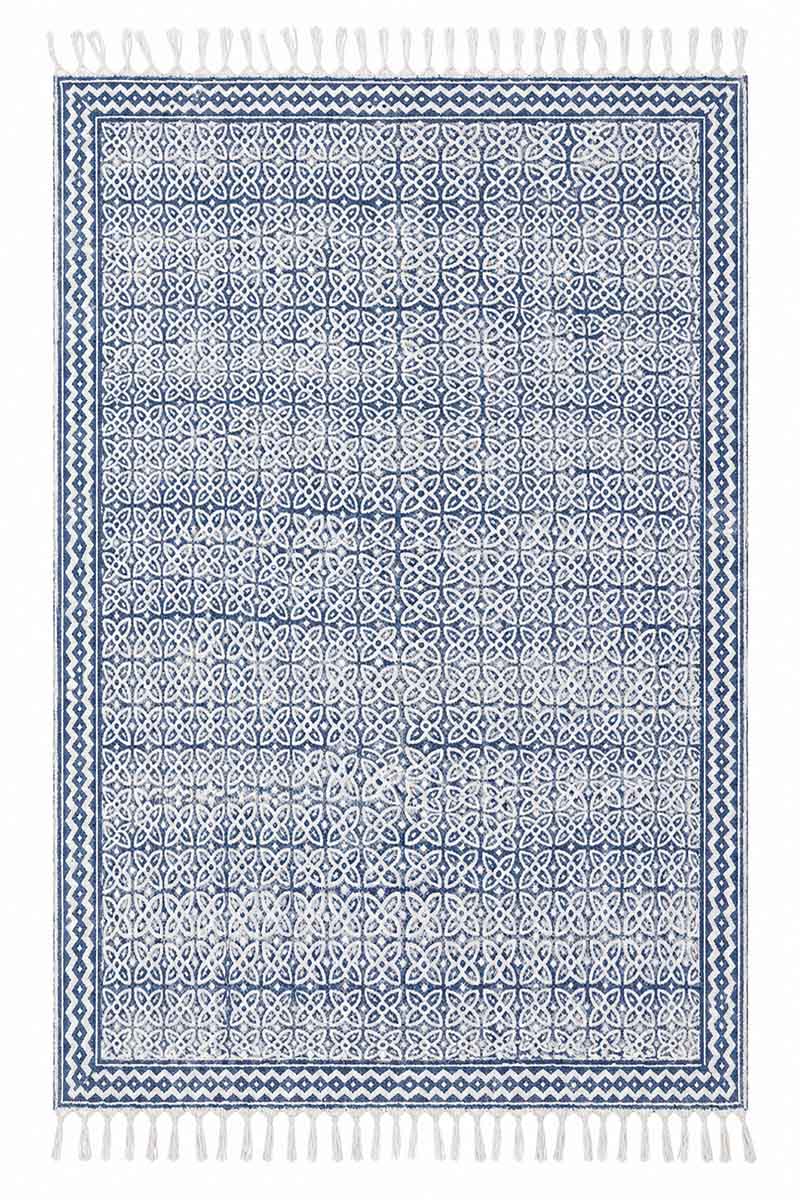 Blue Hand Block Printed Geometric Rug