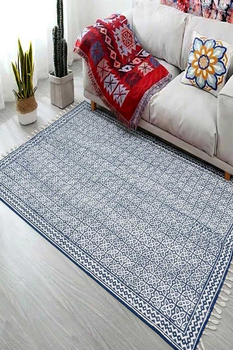 Blue Hand Block Printed Geometric Rug - Image 2