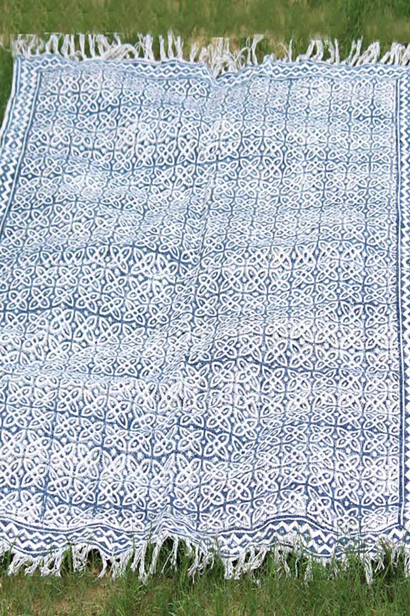 Blue Hand Block Printed Geometric Rug - Image 3