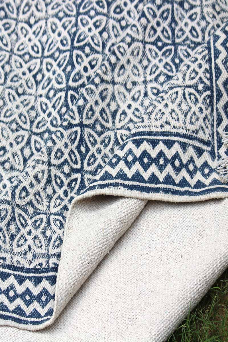 Blue Hand Block Printed Geometric Rug - Image 4