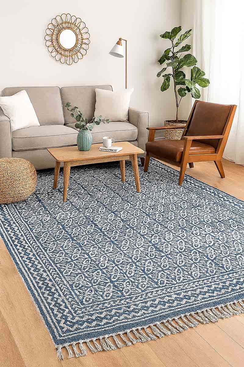 Blue Hand Block Printed Geometric Rug - Image 5