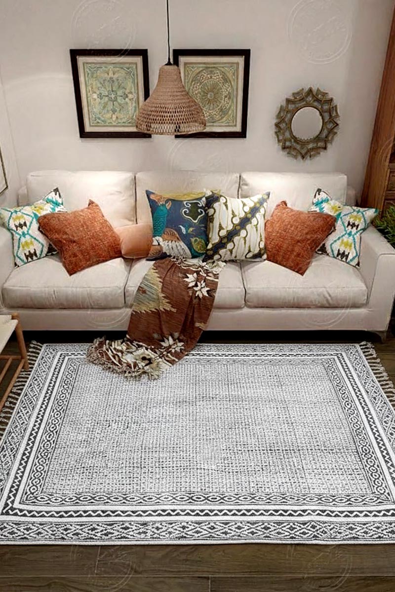 Block Printed Geometric Black Rug - Image 2