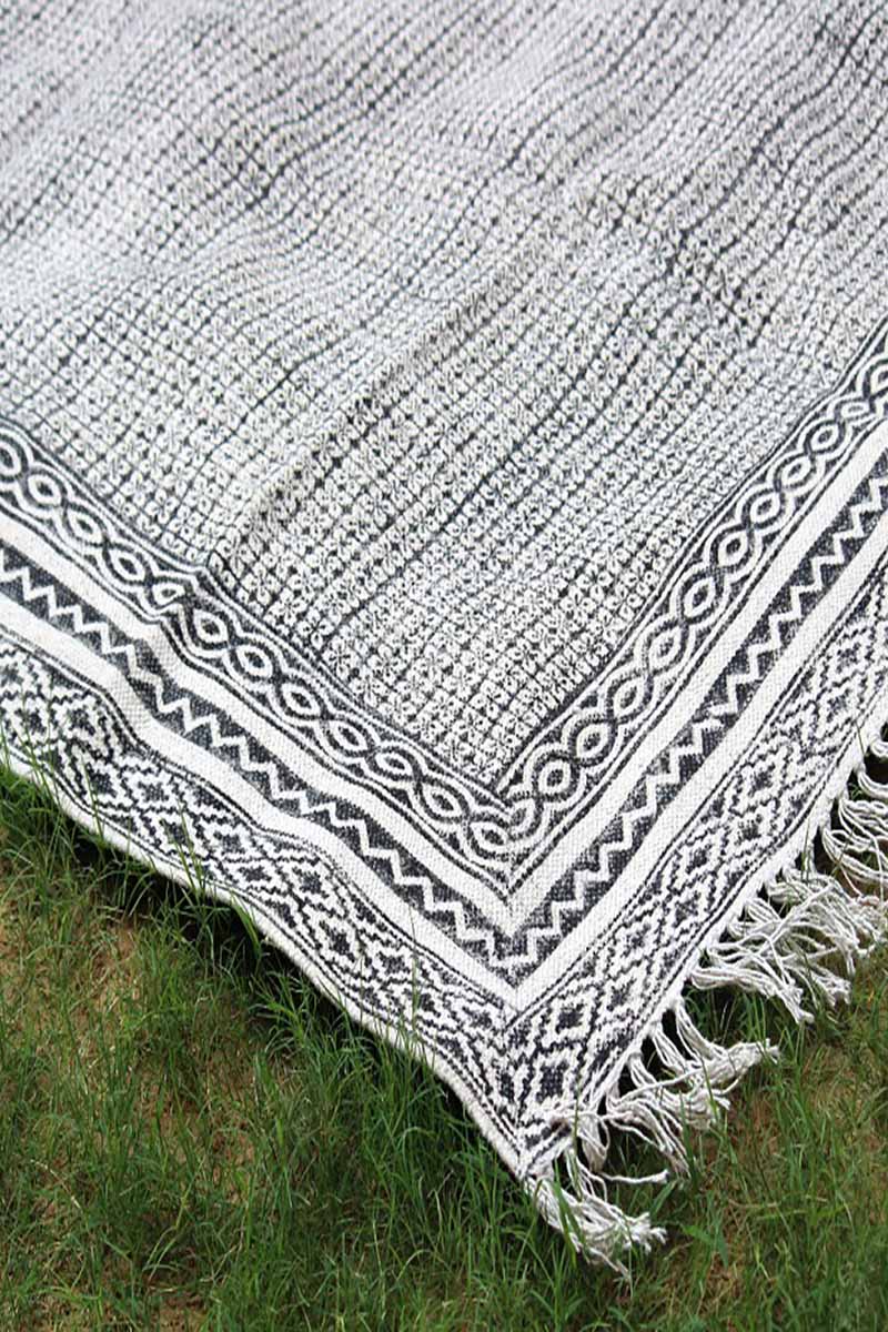 Block Printed Geometric Black Rug - Image 3