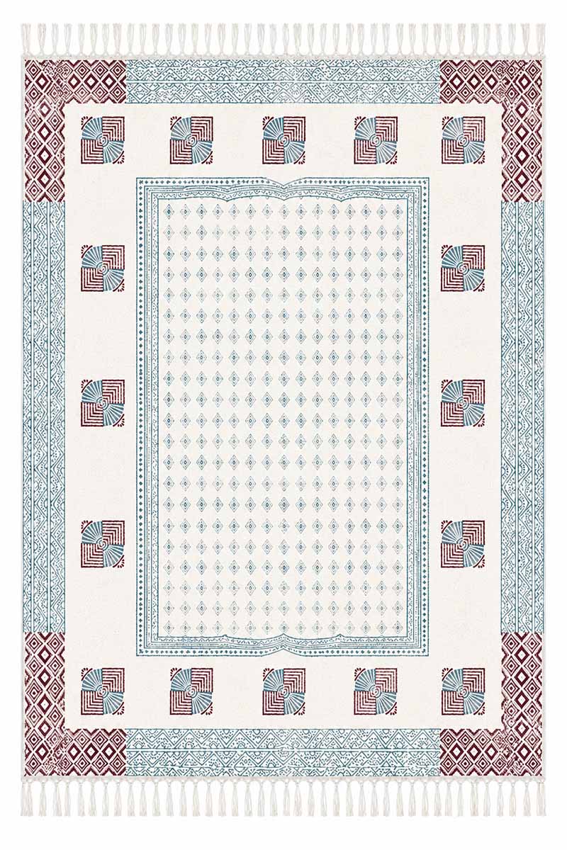 Hand Printed Geometric Red & Gray Rug
