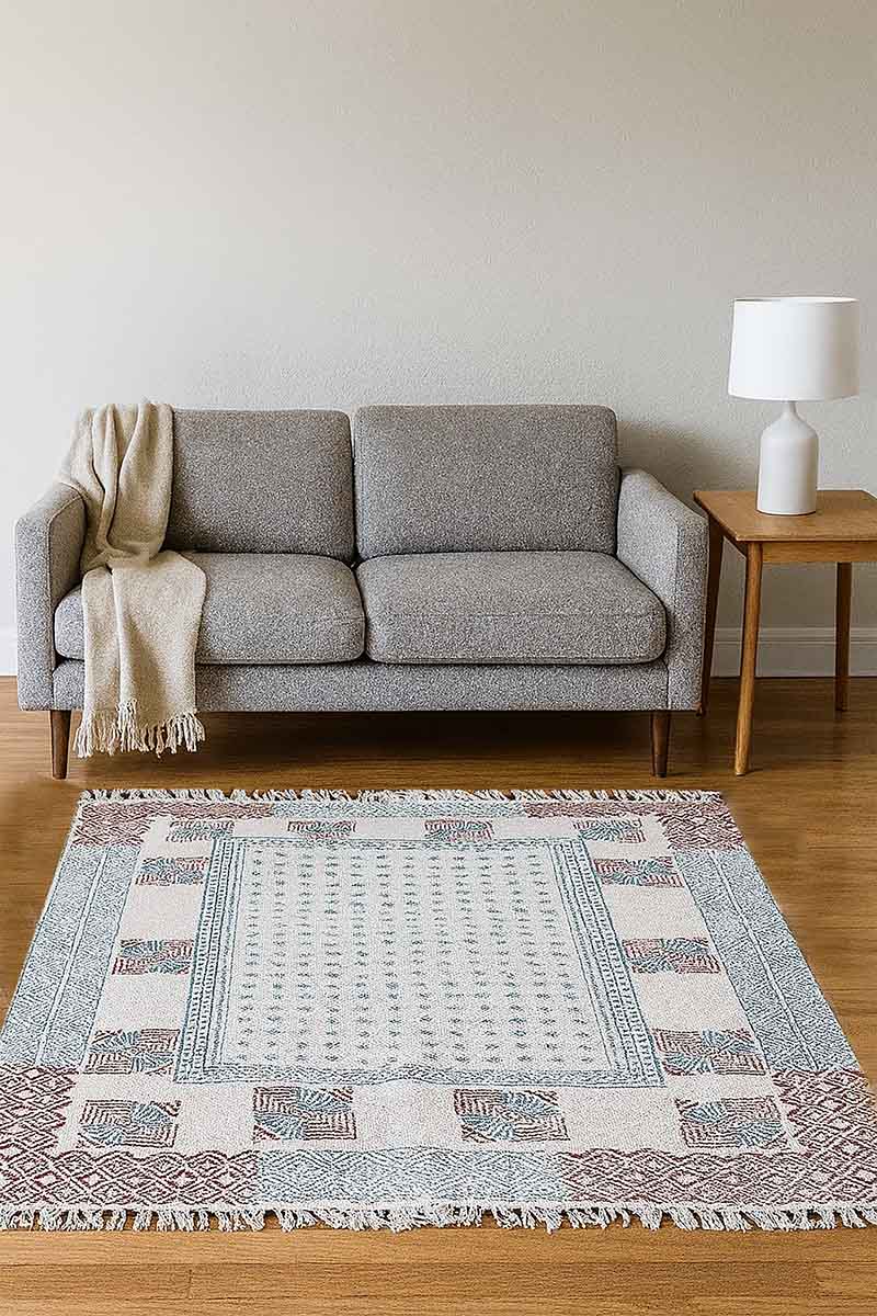 Hand Printed Geometric Red & Gray Rug - Image 2