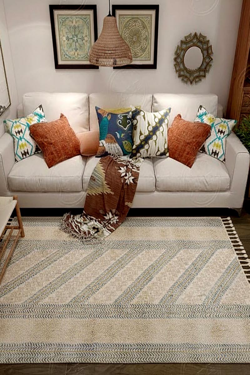 Yellow Hand Printed Geometric Rug - Image 2