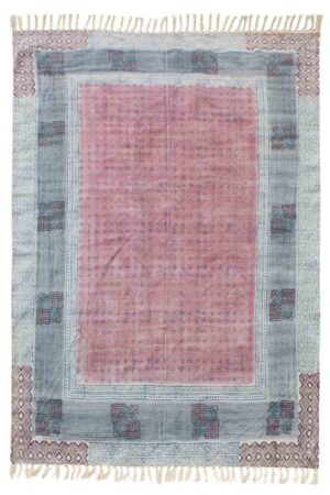 Hand Block Printed Red and Gray Rug