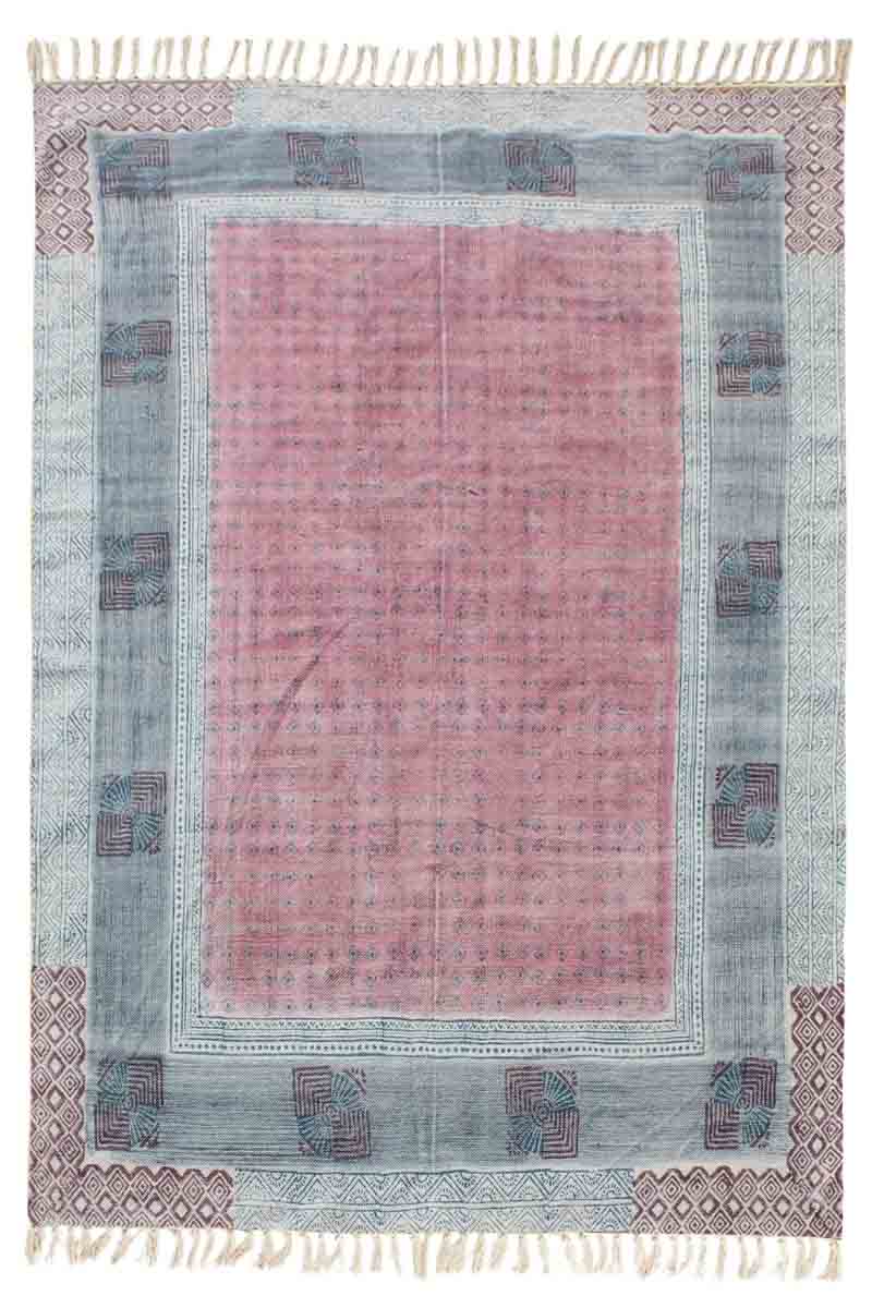 Hand Block Printed Red and Gray Rug