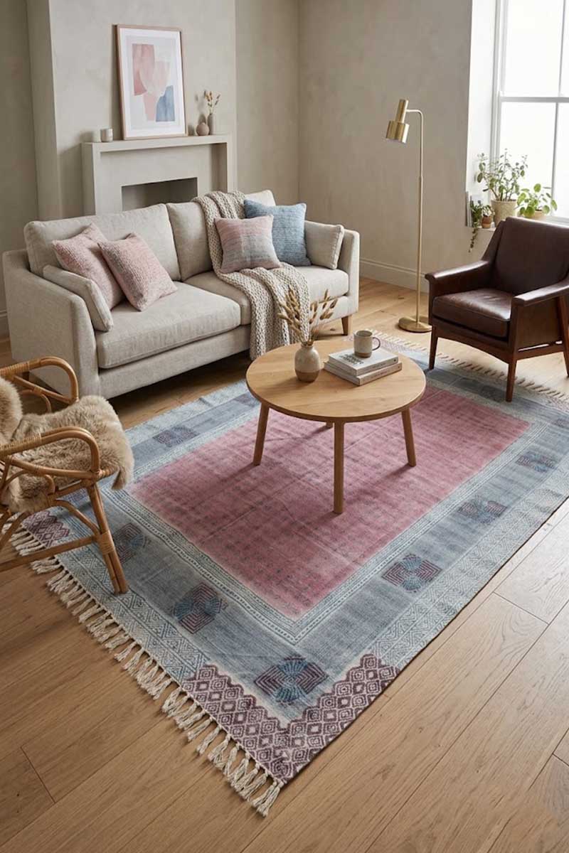 Hand Block Printed Red and Gray Rug - Image 2