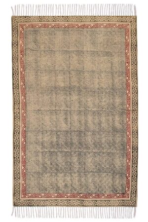 Block Printed Blue Geometric Red Border  Rug