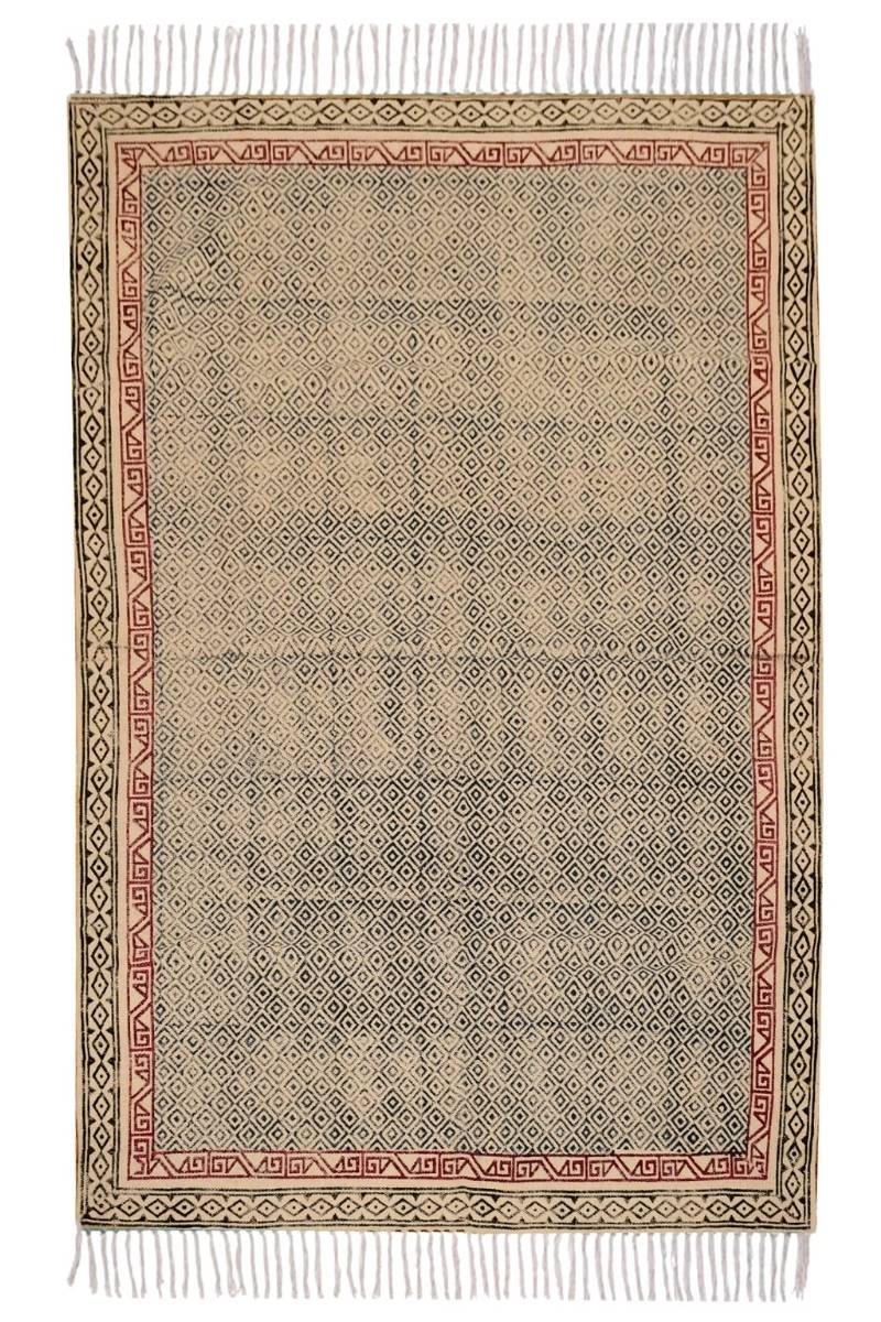 Block Printed Blue Geometric Red Border Rug