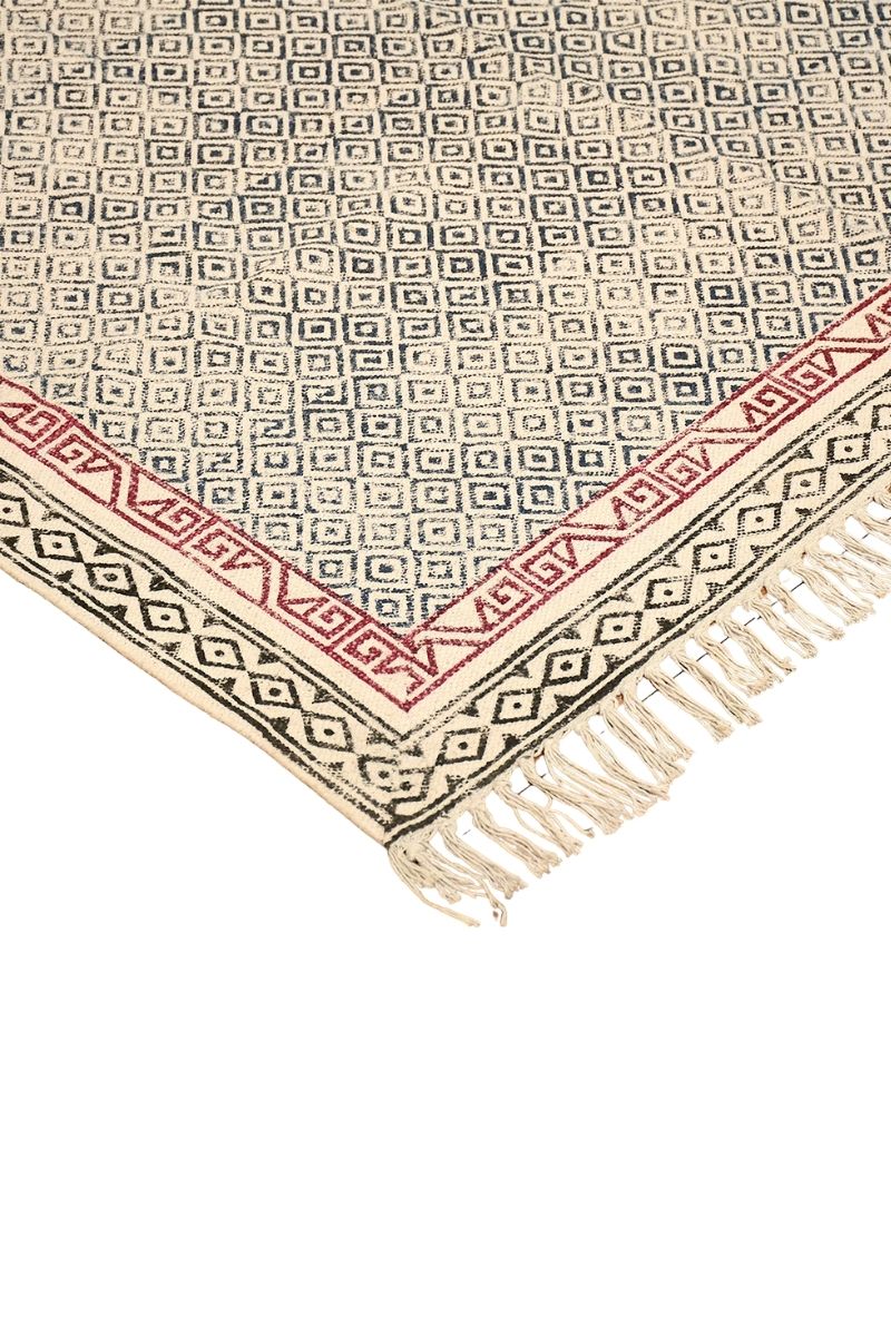 Block Printed Blue Geometric Red Border Rug - Image 3