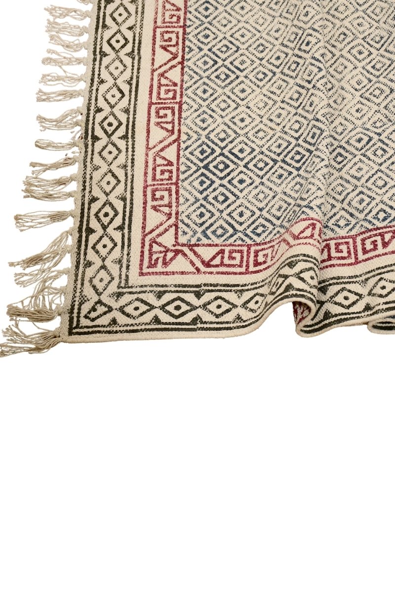 Block Printed Blue Geometric Red Border Rug - Image 4