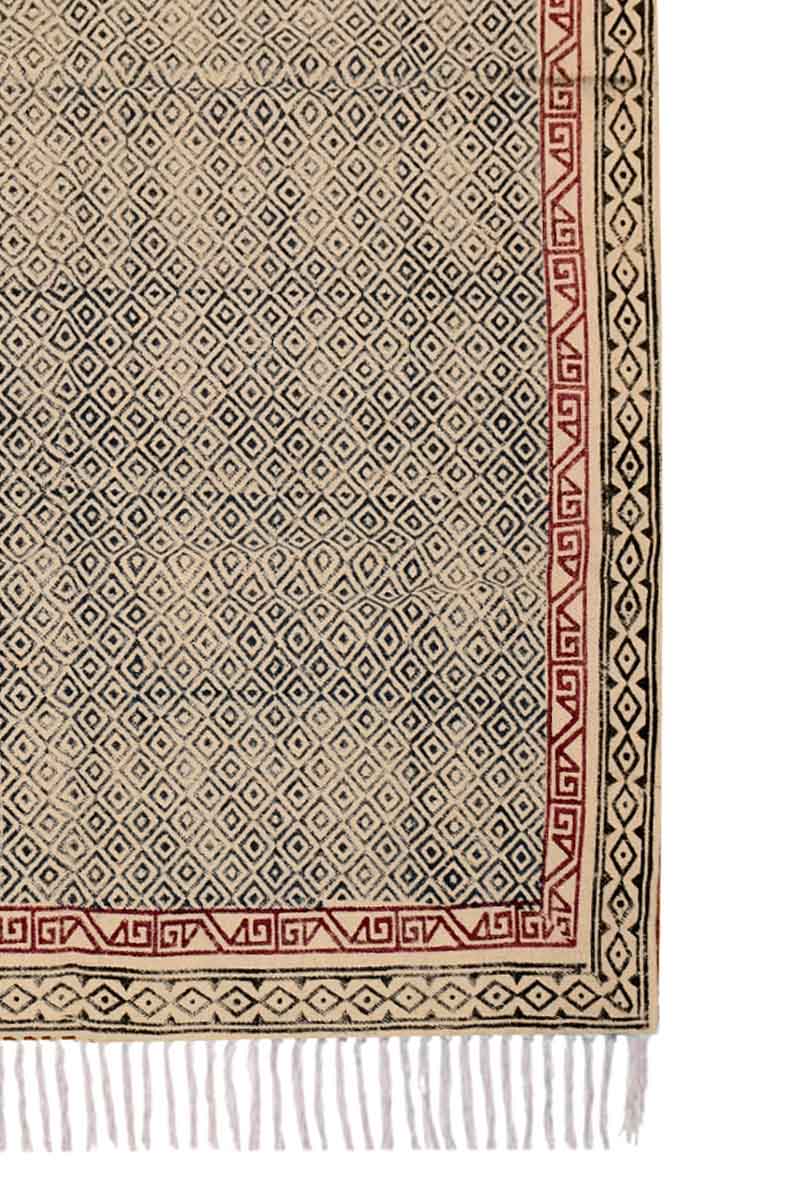 Block Printed Blue Geometric Red Border Rug - Image 5