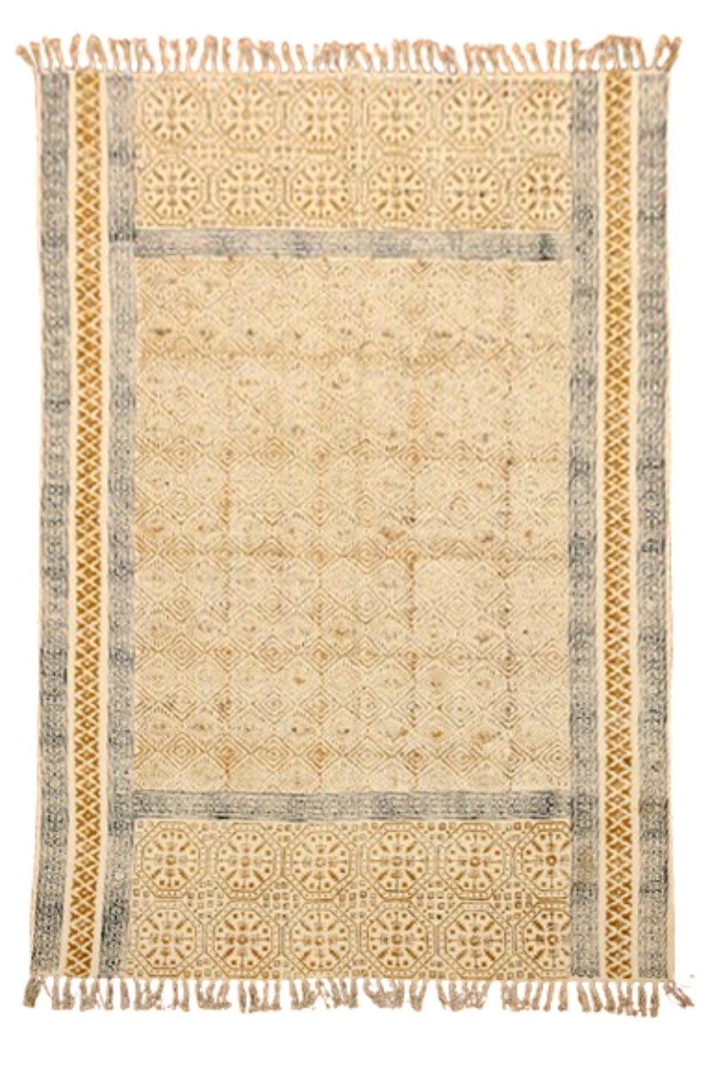 Hand Block Printed Yellow Geometric Rug