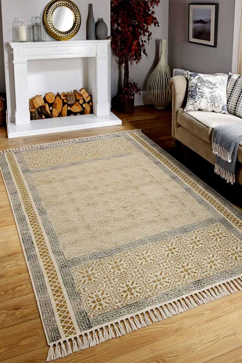 Hand Block Printed Yellow Geometric Rug - Image 2