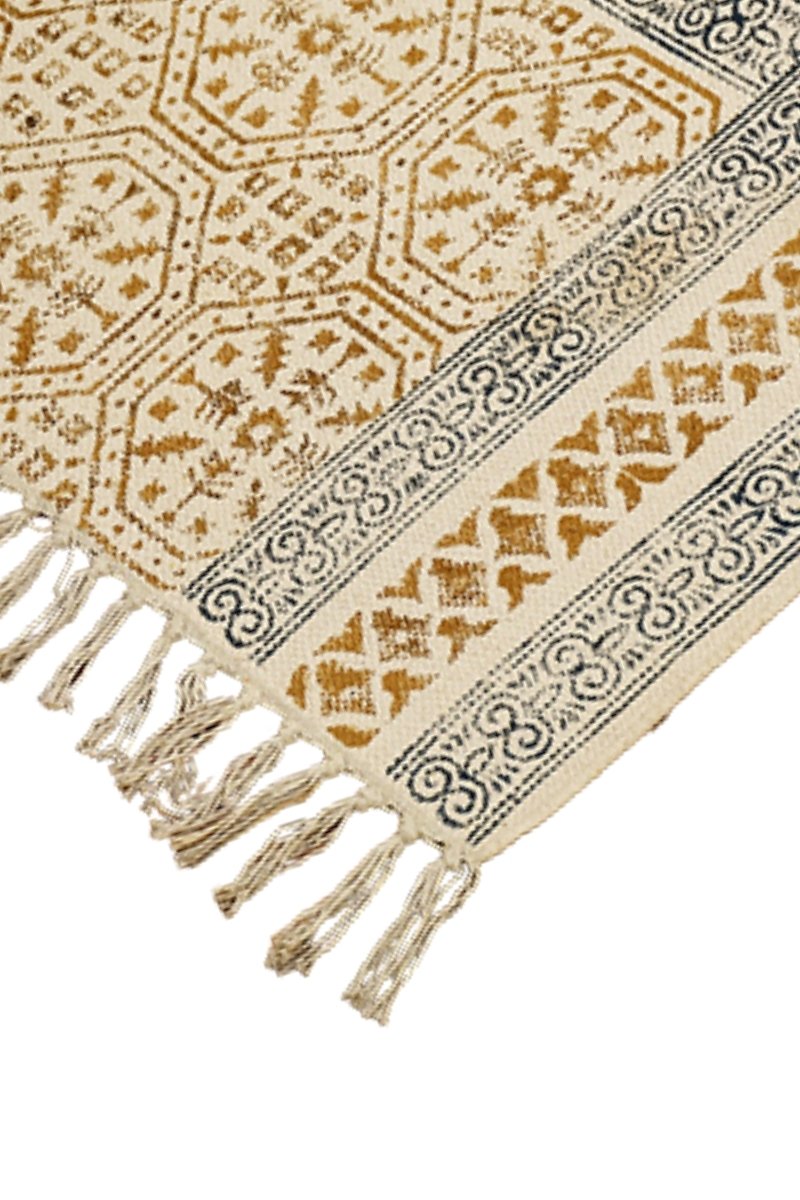 Hand Block Printed Yellow Geometric Rug - Image 3