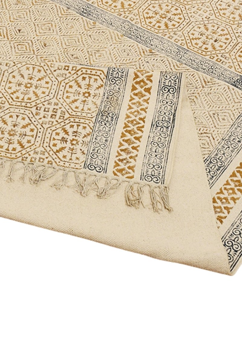 Hand Block Printed Yellow Geometric Rug - Image 4