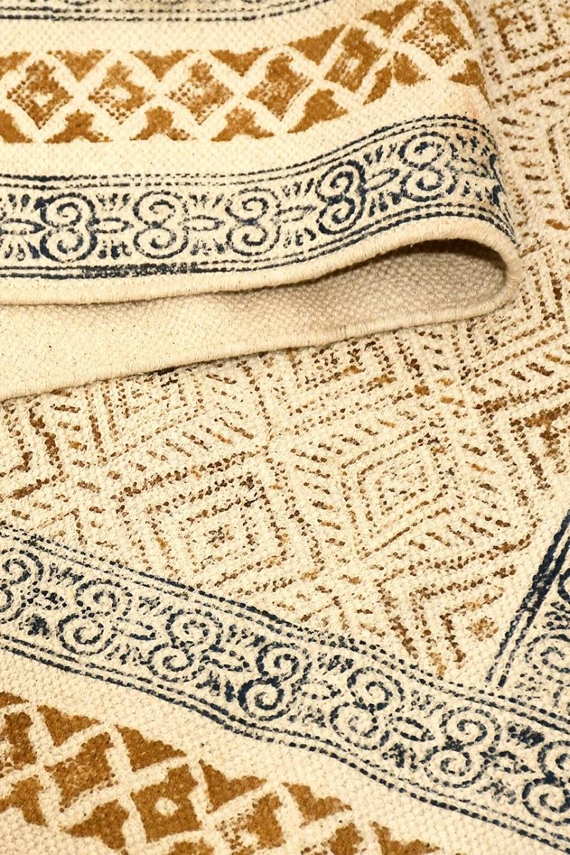 Hand Block Printed Yellow Geometric Rug - Image 5