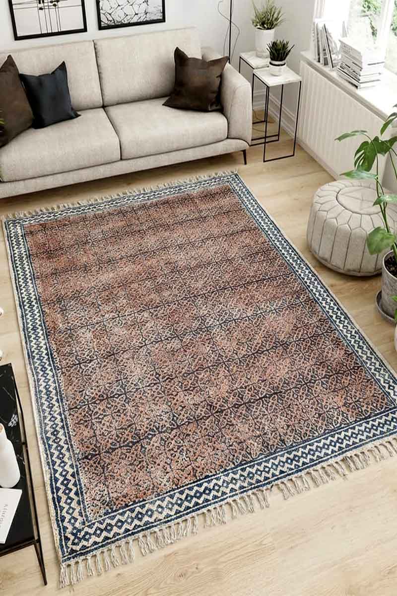 Brown Geometric Hand Block Printed Area Rug - Image 2