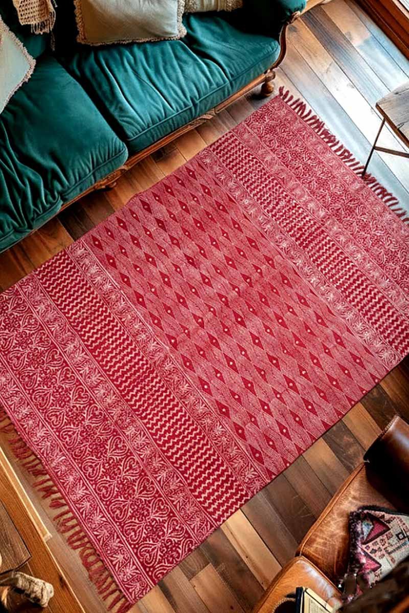 Hand Block Printed Pink 5x8 Cotton Rug - Image 2