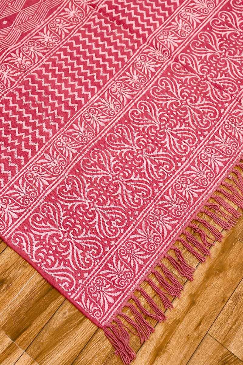 Hand Block Printed Pink 5x8 Cotton Rug - Image 3