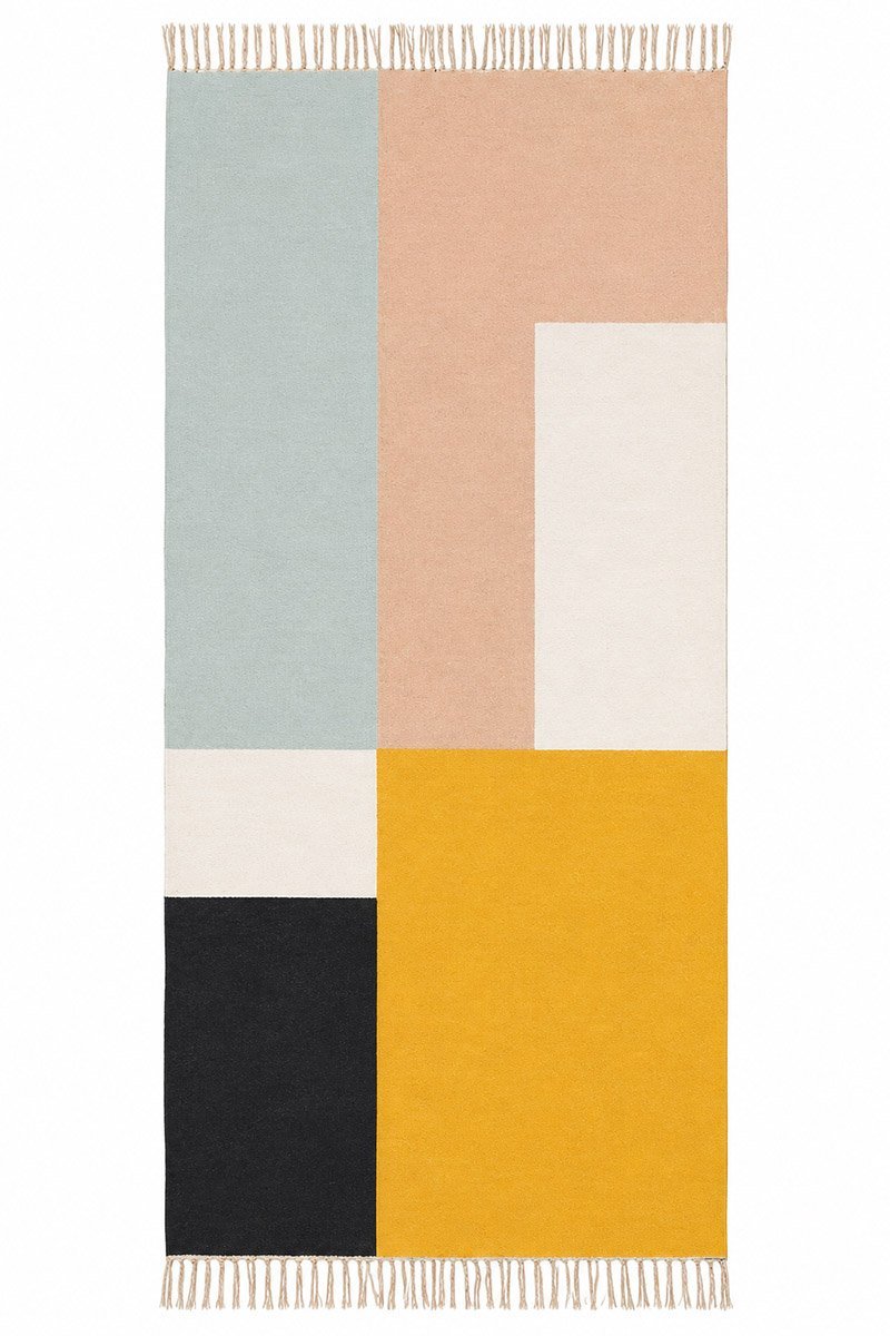 Modern Geometric Runner Rug handmade in cotton with a colorful block pattern. Handmade Modern Geometric Runner Rug featuring blush, mustard, blue, black, and ivory color blocks. Contemporary Modern Geometric Runner Rug for hallways, kitchens, and entryways.