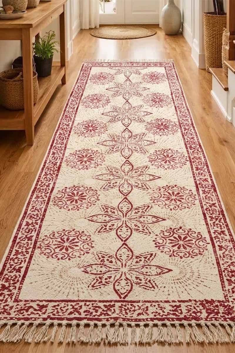 Pink Floral Hand Block Printed Cotton Rug - Image 2