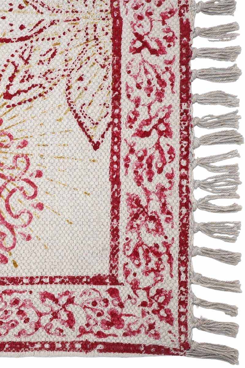 Pink Floral Hand Block Printed Cotton Rug - Image 3